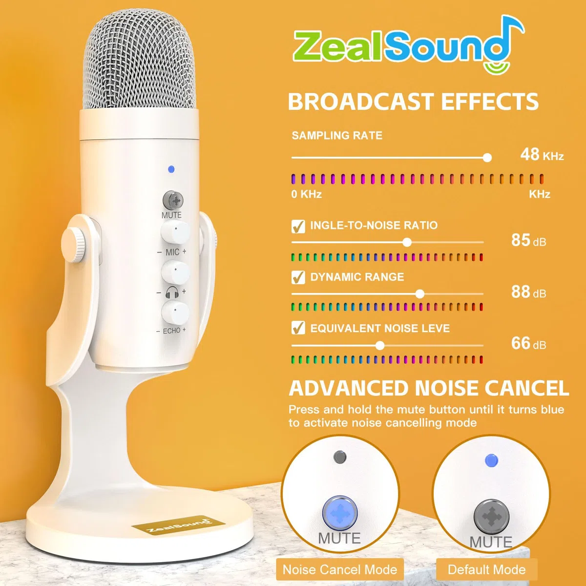 ZealSound Microfono a Condensatore USB per PC, iPhone e Smartphone - con Cancellazione del Rumore, Mute e Reverberazione, Plug e Play per Gaming, Podcast, Stream, Registrazione, AMSR, k66 Bianco Perla