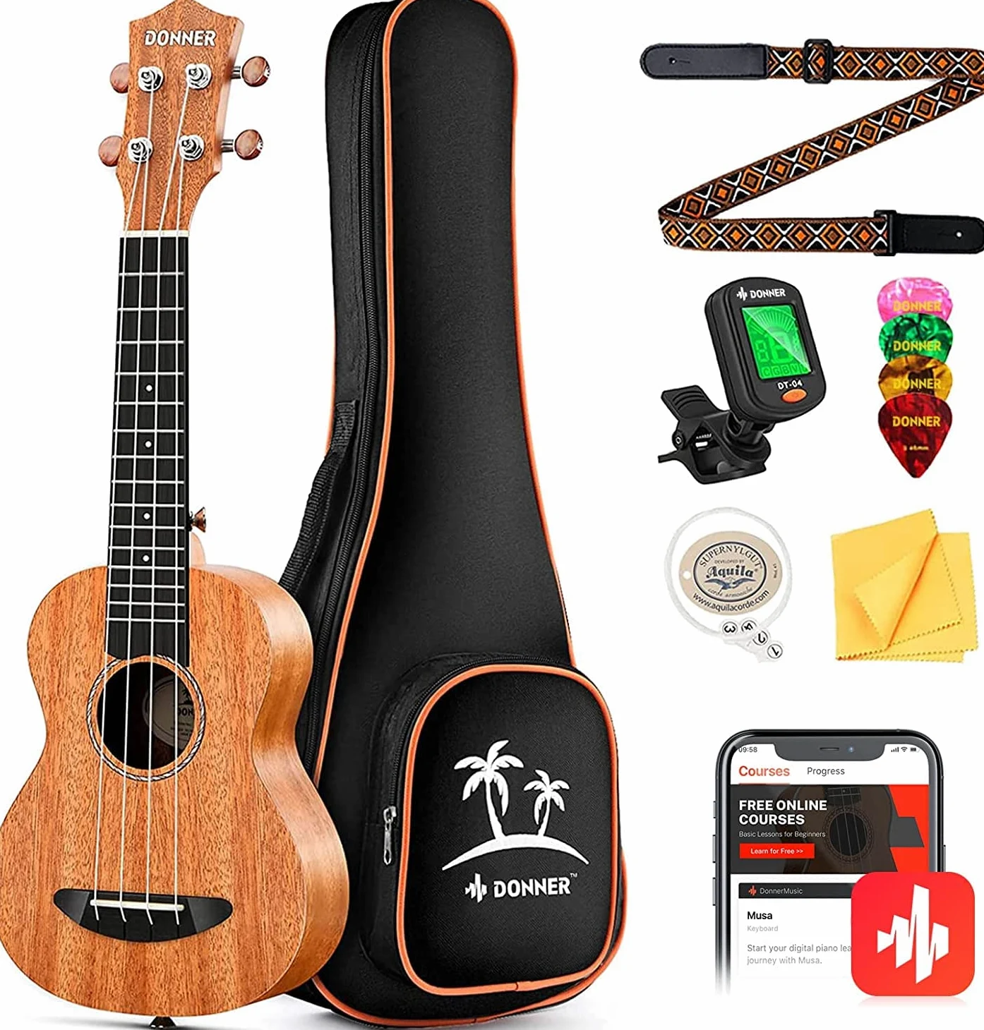 Donner Ukulele Soprano Mogano 21 pollici Kit per Principianti, Lezioni Online, Borsa, Tracolla, Corde in Nylon, Accordatore, Plettri, Panno, Set Ukulele DUS-1, Regalo di Natale