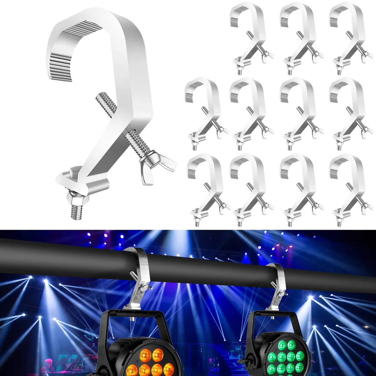 Dj Clamps per Luci, confezione da 12 pezzi, Dispositivo di sospensione con morsetto per illuminazione da palco Max.Load 90lb, in lega di alluminio, Utilizzato per luci Par, Luce Moving Head a fascio