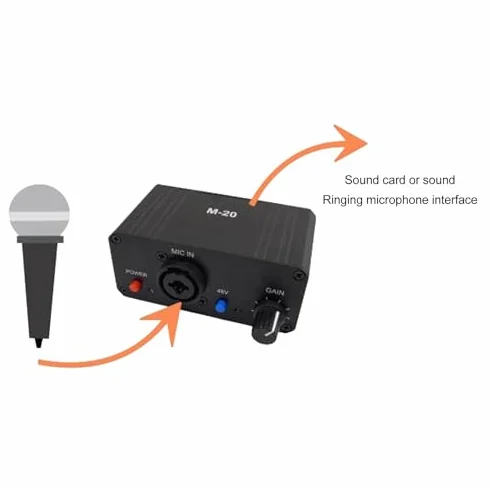 Preamplificatore Microfonico, Amplificatore Guadagno Microfono 48V Ad Alto Guadagno, Preamplificatore Microfonico con Uscita XLR con Alimentazione Phantom a Basso Rumore, per