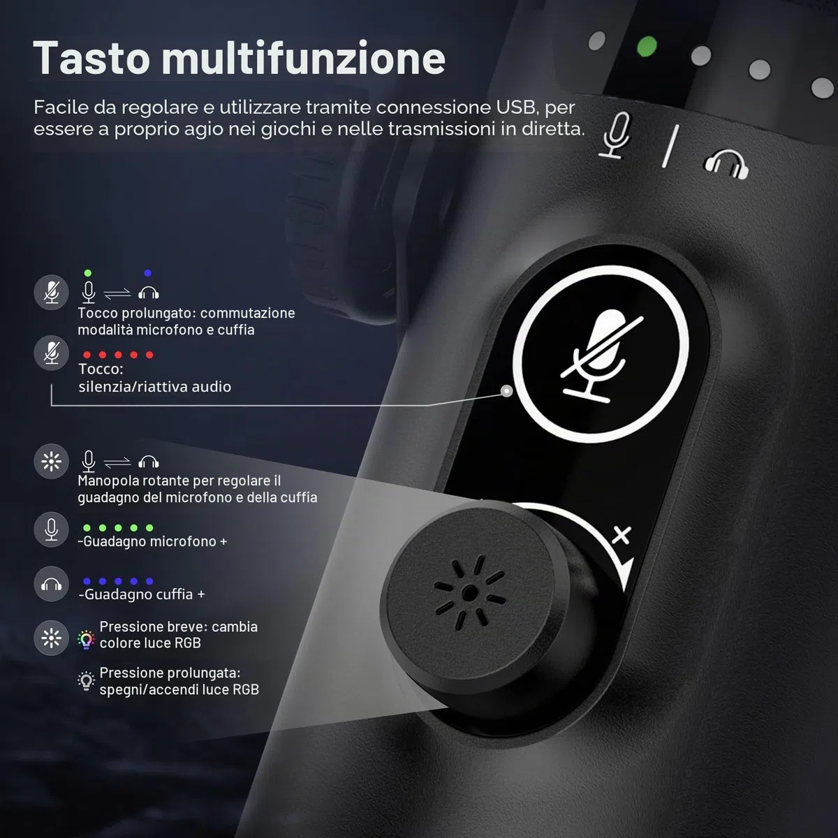 FDUCE Kit microfono da gioco USB/XLR, microfono dinamico per PC per streaming di podcasting, kit microfono RGB per computer con supporto da tavolo, pulsante mute e jack per cuffie, per registrazione
