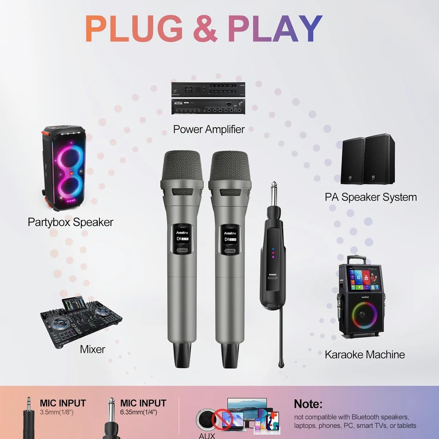 Aveek 2 Microfoni Wireless, Microfoni Karaoke con Ricevitore Ricaricabile USB-C, Microfono Portatile Professionale per Canto, Feste, Matrimoni, DJ, Chiesa – Suono Stabile fino a 30m, 10h di Autonomia