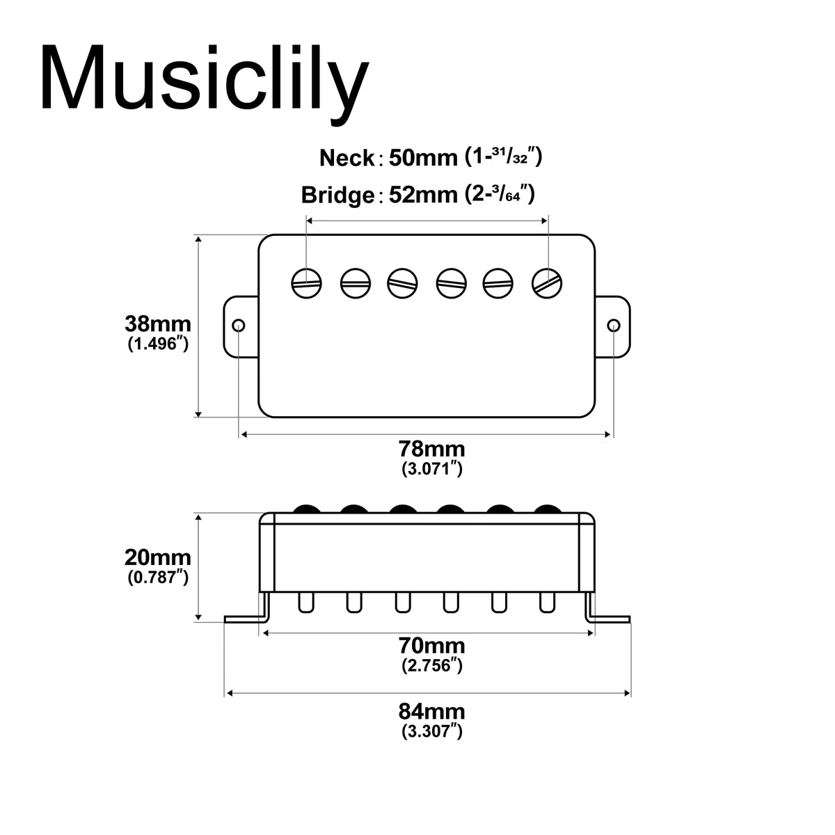 Musiclily Pro LP-CBLA Alnico 5 Pickup Humbucker Copertura Manico Ponte Set 7,8K/8,8K per Chitarra Elettrica tipo LP, Nickel