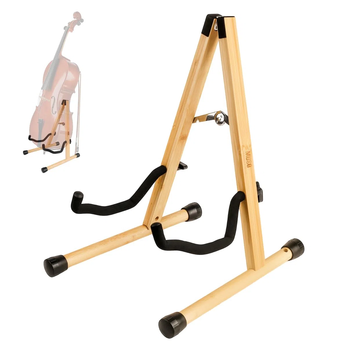 MUSO Supporto per violoncello con supporto per archetto, supporto da pavimento con struttura ad A con schiuma imbottita, supporto per violoncello realizzato a mano per 1/2, 3/4, 7/8, 4/4 e chitarra
