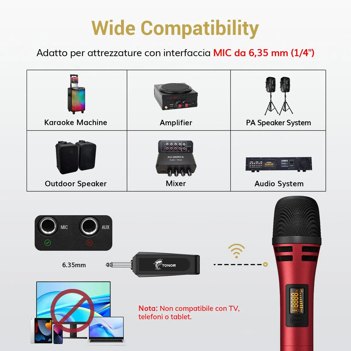 TONOR Microfono senza fili, UHF Sistema Karaoke con Due Microfoni Dinamici, Microfoni Inalambrici con Ricevitore Ricaricabile Kit per Canto, Matrimoni, DJ Party, Discorsi, 60M, Nero&Rosso, TW320