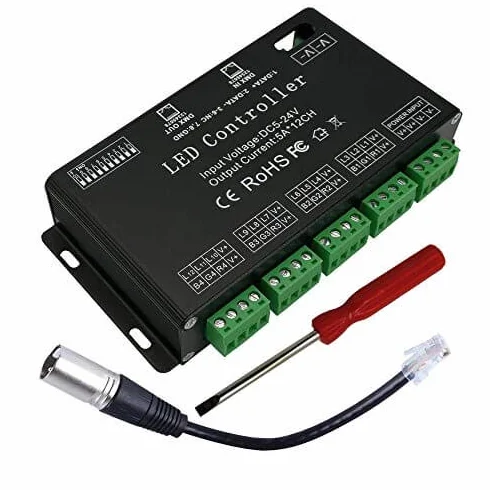 DMX Decoder a 12 Canali, DMX512 Controller LED RGB 60A PWM Dimmer per Strisce LED e Luce Modale DC12V-24V