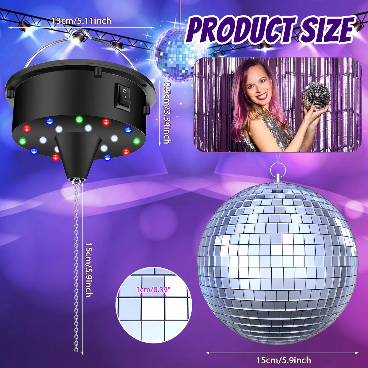 Palla da discoteca con 4 luci colorate e 18 perline LED creare discoteca effetti di Luce,motore rotante a 6 giri/min alimentato a batteria, sfera stroboscopica da 6 pollici