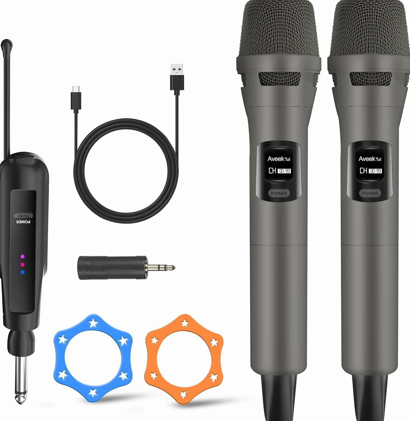 Aveek 2 Microfoni Wireless, Microfoni Karaoke con Ricevitore Ricaricabile USB-C, Microfono Portatile Professionale per Canto, Feste, Matrimoni, DJ, Chiesa – Suono Stabile fino a 30m, 10h di Autonomia
