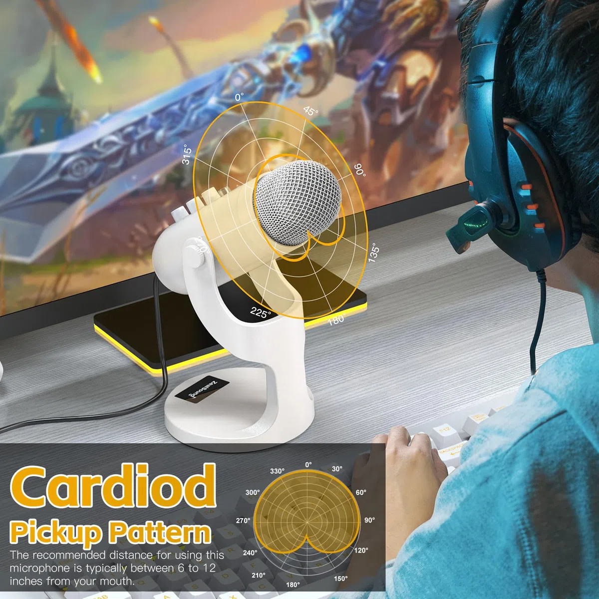 ZealSound Microfono a Condensatore USB per PC, iPhone e Smartphone - con Cancellazione del Rumore, Mute e Reverberazione, Plug e Play per Gaming, Podcast, Stream, Registrazione, AMSR, k66 Bianco Perla