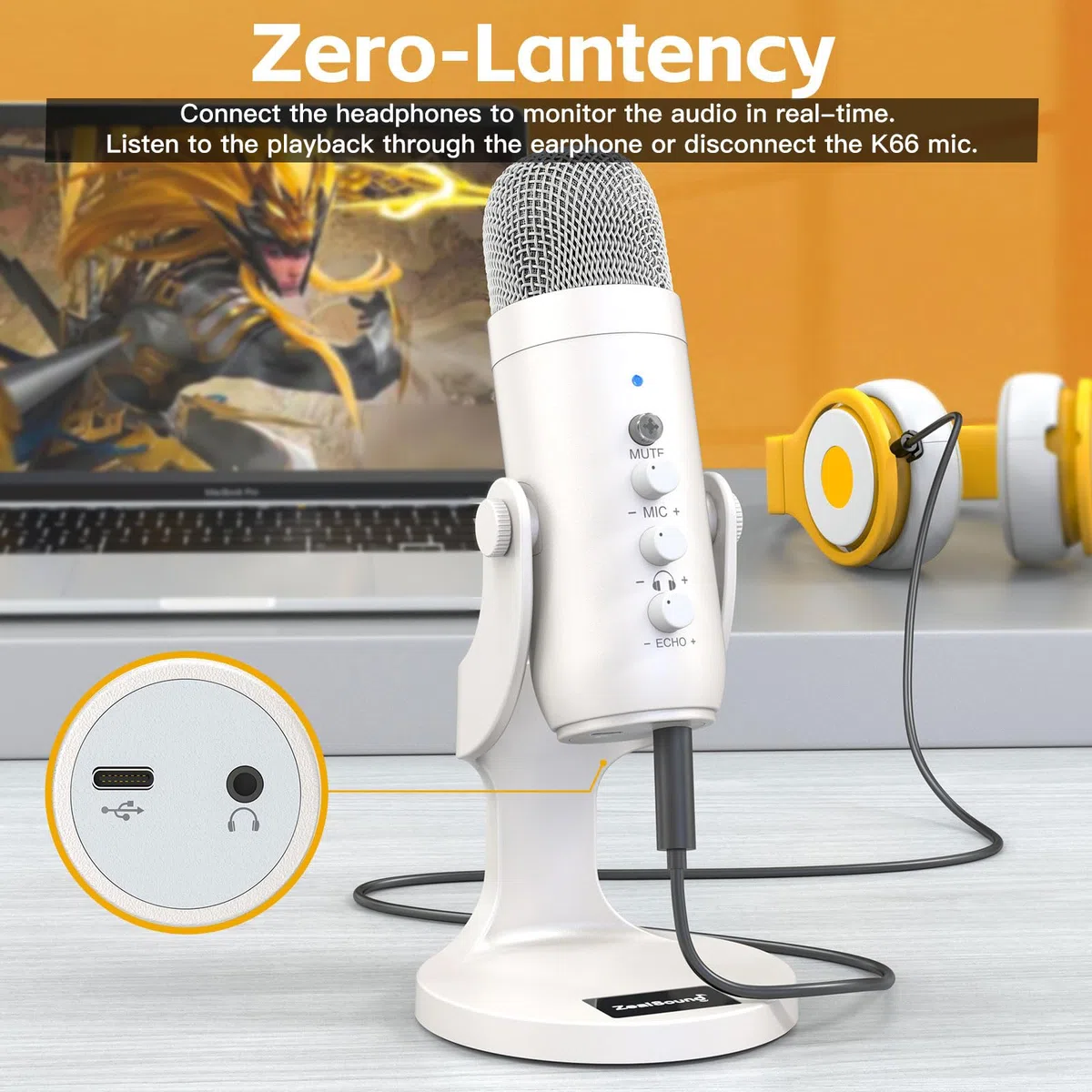 ZealSound Microfono a Condensatore USB per PC, iPhone e Smartphone - con Cancellazione del Rumore, Mute e Reverberazione, Plug e Play per Gaming, Podcast, Stream, Registrazione, AMSR, k66 Bianco Perla