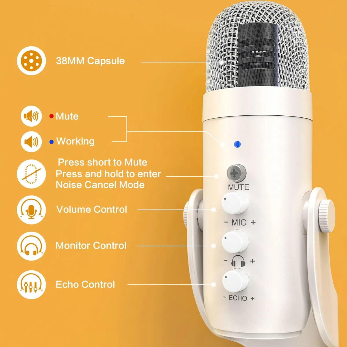 ZealSound Microfono a Condensatore USB per PC, iPhone e Smartphone - con Cancellazione del Rumore, Mute e Reverberazione, Plug e Play per Gaming, Podcast, Stream, Registrazione, AMSR, k66 Bianco Perla