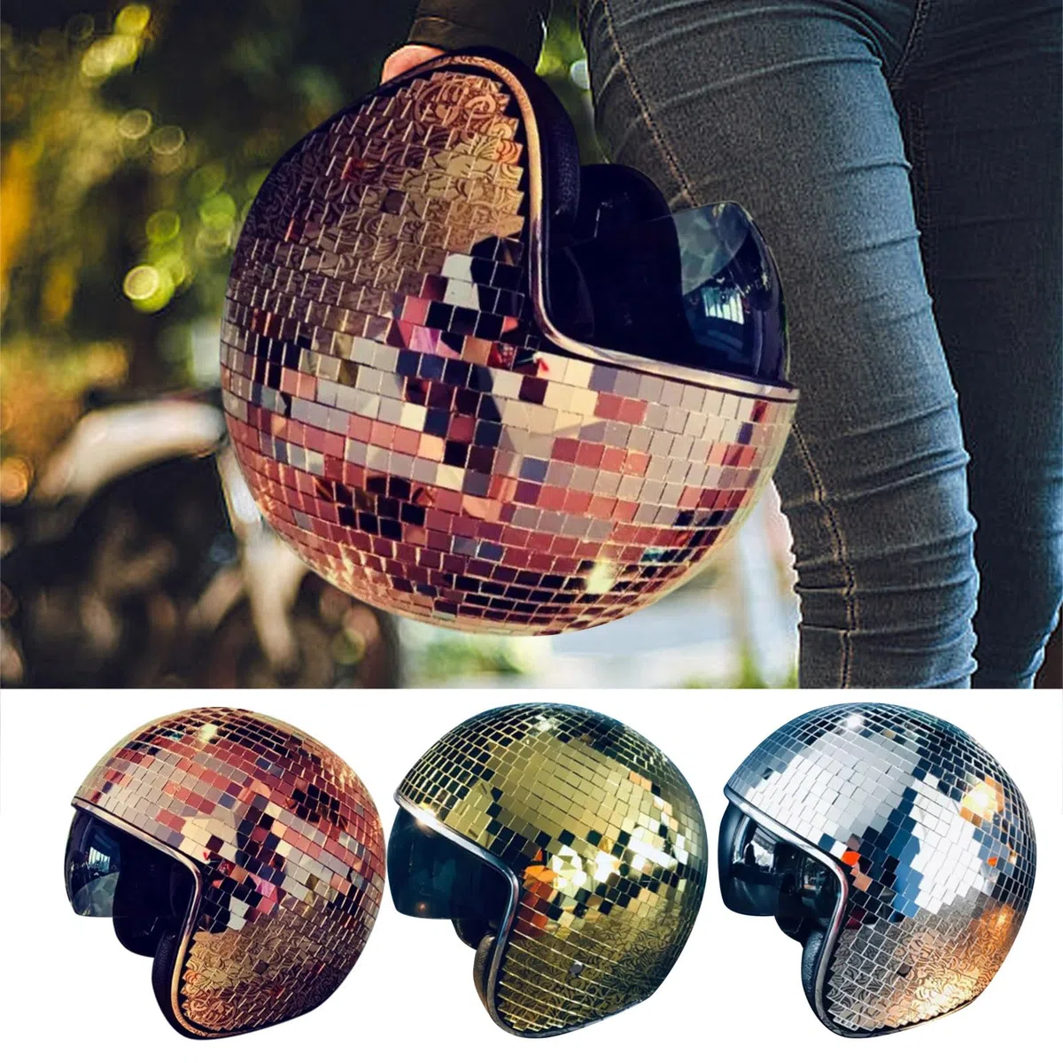 Kashyke Sfera da discoteca, casco da discoteca, cappello da discoteca, sfera da discoteca, argento oro, ultimale, specchio pieno con glitter, palla da discoteca, cappello per uomo e donna, Dj Club