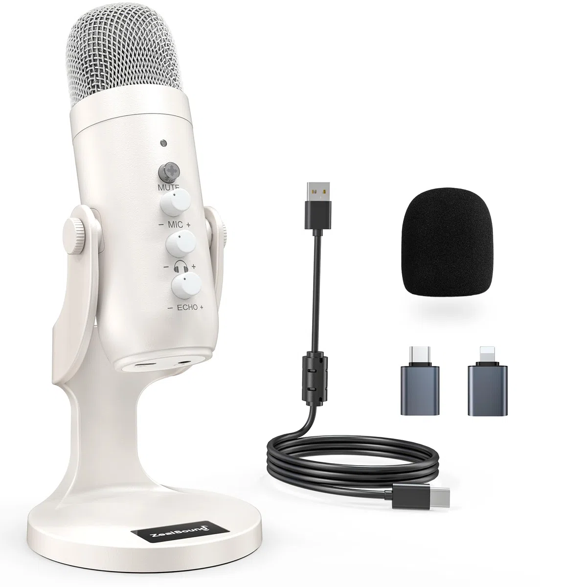 ZealSound Microfono a Condensatore USB per PC, iPhone e Smartphone - con Cancellazione del Rumore, Mute e Reverberazione, Plug e Play per Gaming, Podcast, Stream, Registrazione, AMSR, k66 Bianco Perla