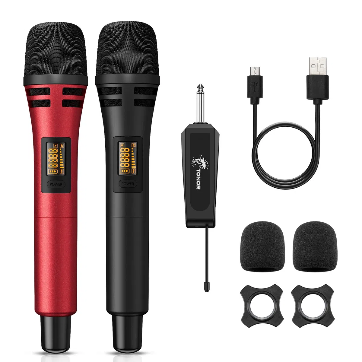 TONOR Microfono senza fili, UHF Sistema Karaoke con Due Microfoni Dinamici, Microfoni Inalambrici con Ricevitore Ricaricabile Kit per Canto, Matrimoni, DJ Party, Discorsi, 60M, Nero&Rosso, TW320
