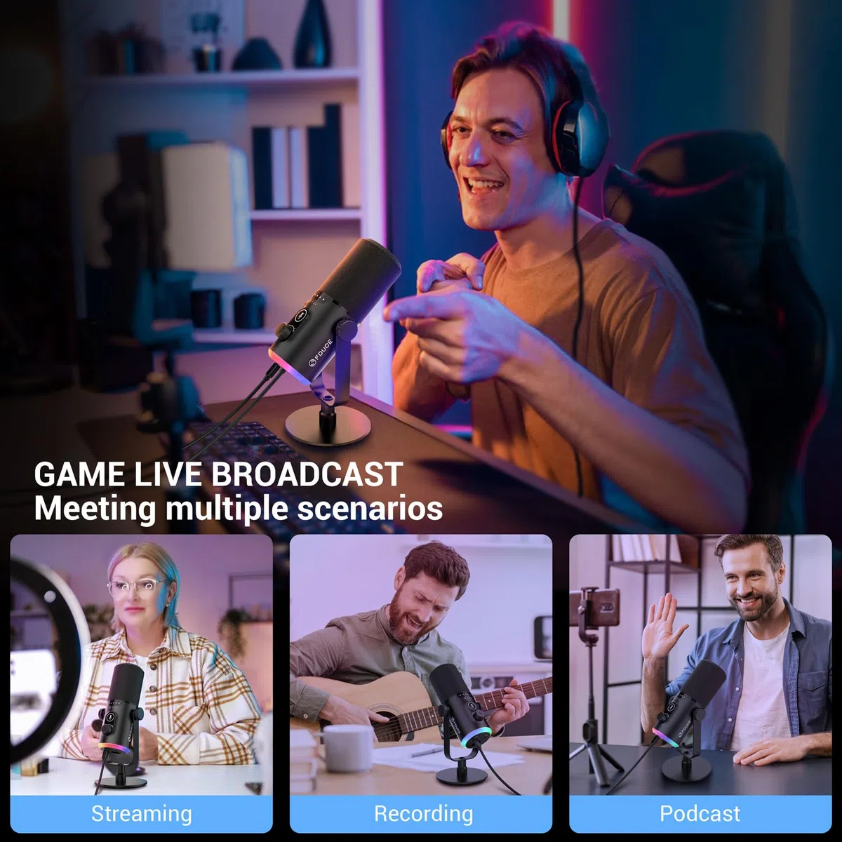 FDUCE Kit microfono da gioco USB/XLR, microfono dinamico per PC per streaming di podcasting, kit microfono RGB per computer con supporto da tavolo, pulsante mute e jack per cuffie, per registrazione