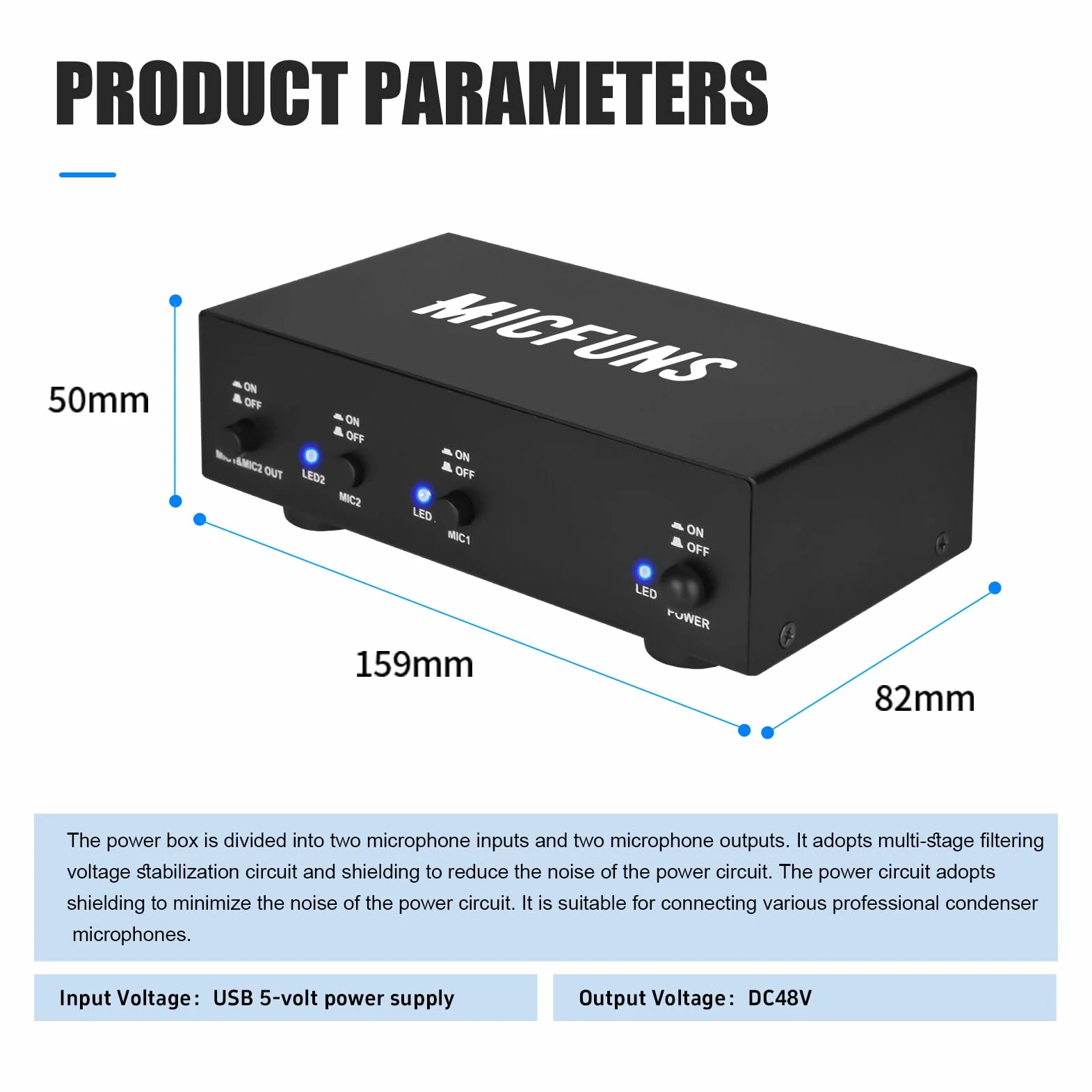 MC2 2 canali 48 V alimentazione phantom con cavo audio da 3,5 mm per il collegamento dell'interfaccia audio per microfono a condensatore, dispositivi di registrazione musicali (2 canali)