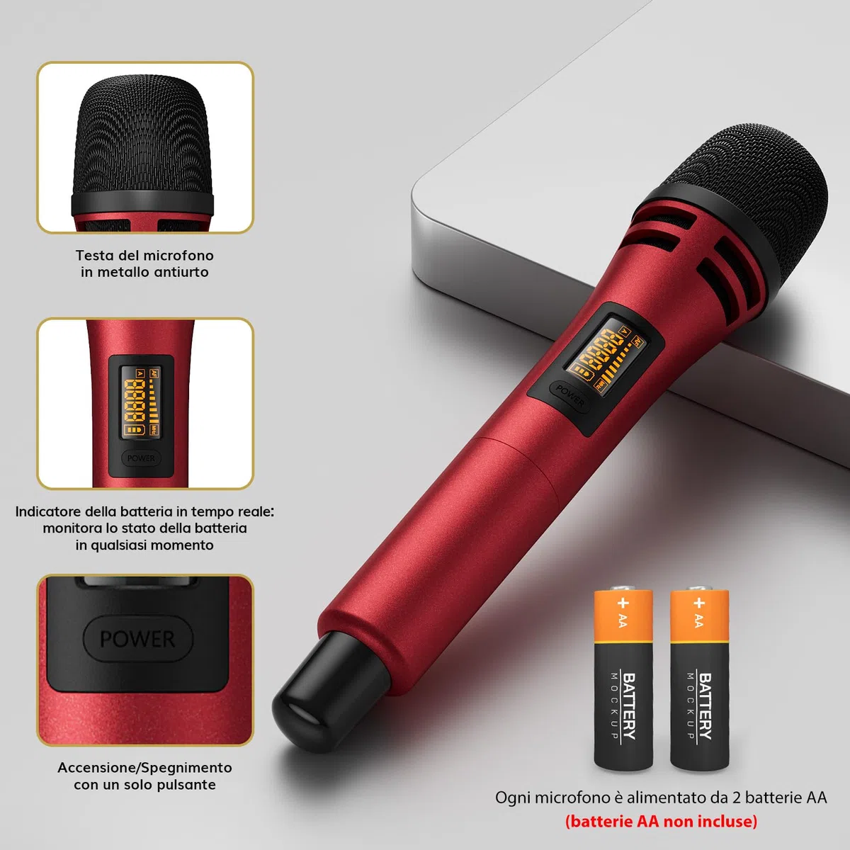 TONOR Microfono senza fili, UHF Sistema Karaoke con Due Microfoni Dinamici, Microfoni Inalambrici con Ricevitore Ricaricabile Kit per Canto, Matrimoni, DJ Party, Discorsi, 60M, Nero&Rosso, TW320