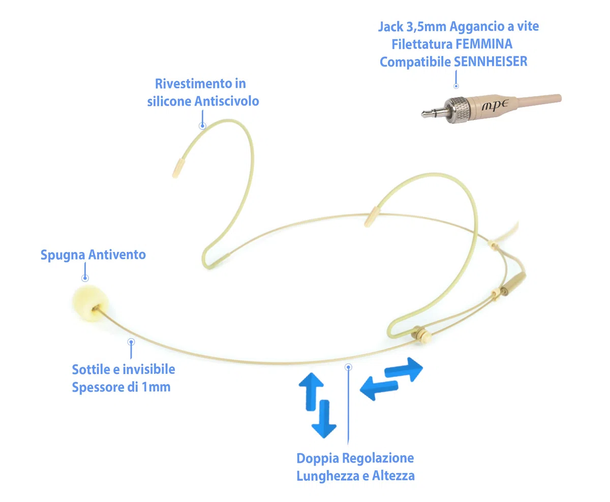 MPE - Microfono ad archetto color carne pelle rosa beige professionale a condensatore polarizzato cardioide per radiomicrofoni Jack 3,5mm con filettatura FEMMINA compatibile più modelli mod: HD10F