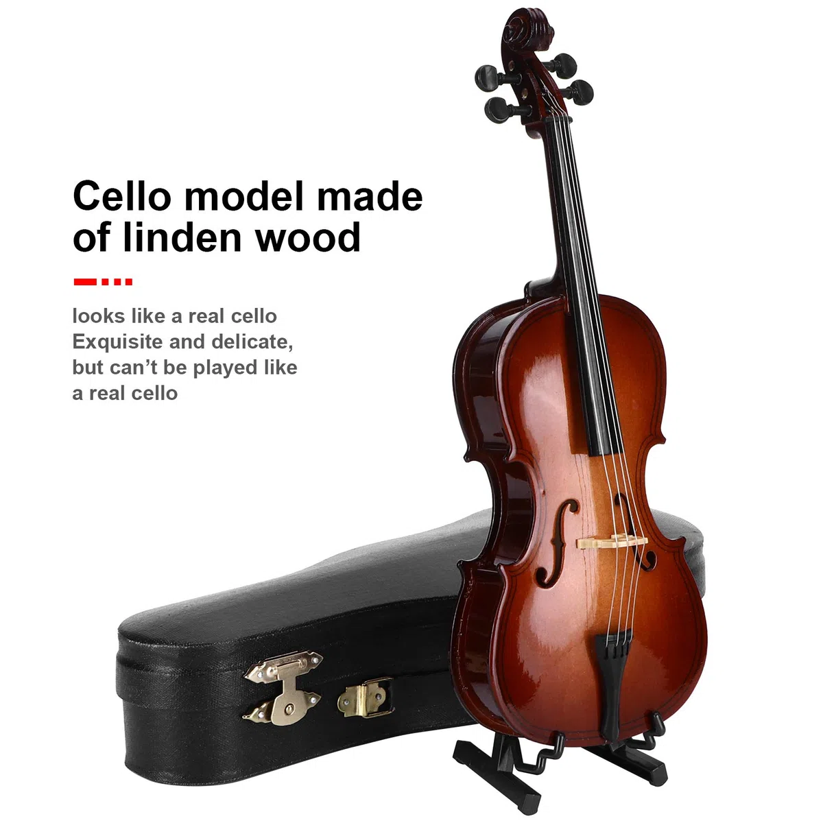Violoncello in miniatura modello di strumento musicale, mini strumento musicale in tiglio modello di casa delle bambole in miniatura con supporto, arco e custodia, squisita fattura e aspetto