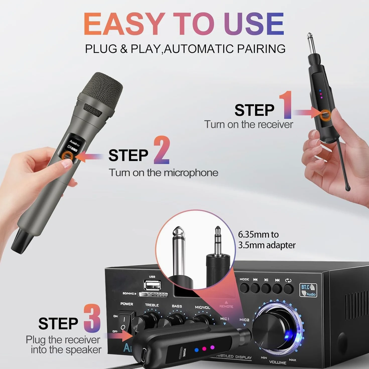 Aveek 2 Microfoni Wireless, Microfoni Karaoke con Ricevitore Ricaricabile USB-C, Microfono Portatile Professionale per Canto, Feste, Matrimoni, DJ, Chiesa – Suono Stabile fino a 30m, 10h di Autonomia