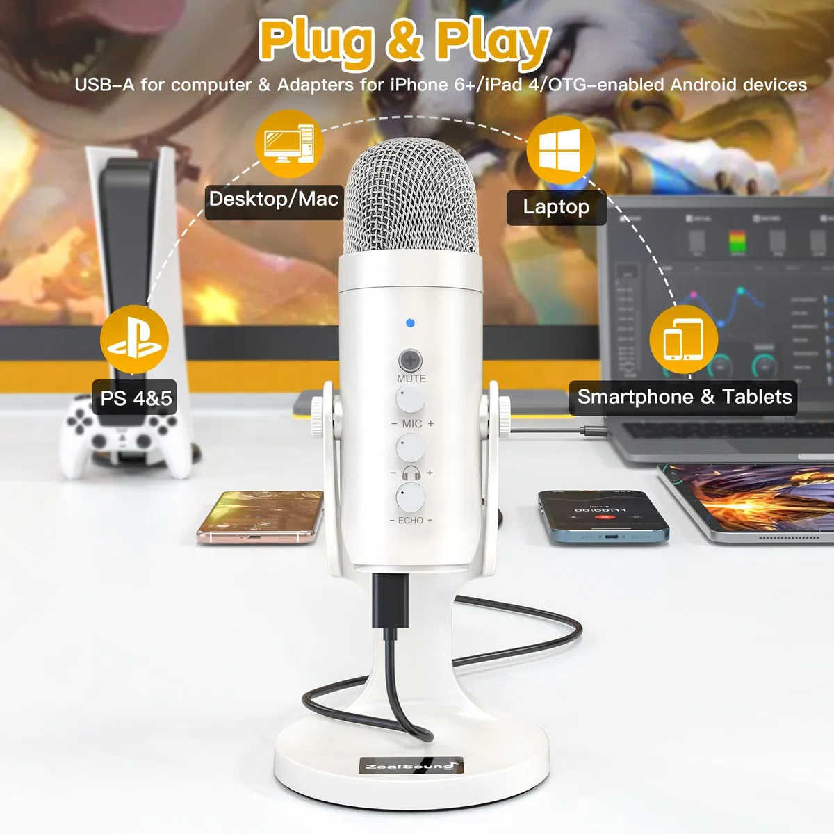 ZealSound Microfono a Condensatore USB per PC, iPhone e Smartphone - con Cancellazione del Rumore, Mute e Reverberazione, Plug e Play per Gaming, Podcast, Stream, Registrazione, AMSR, k66 Bianco Perla