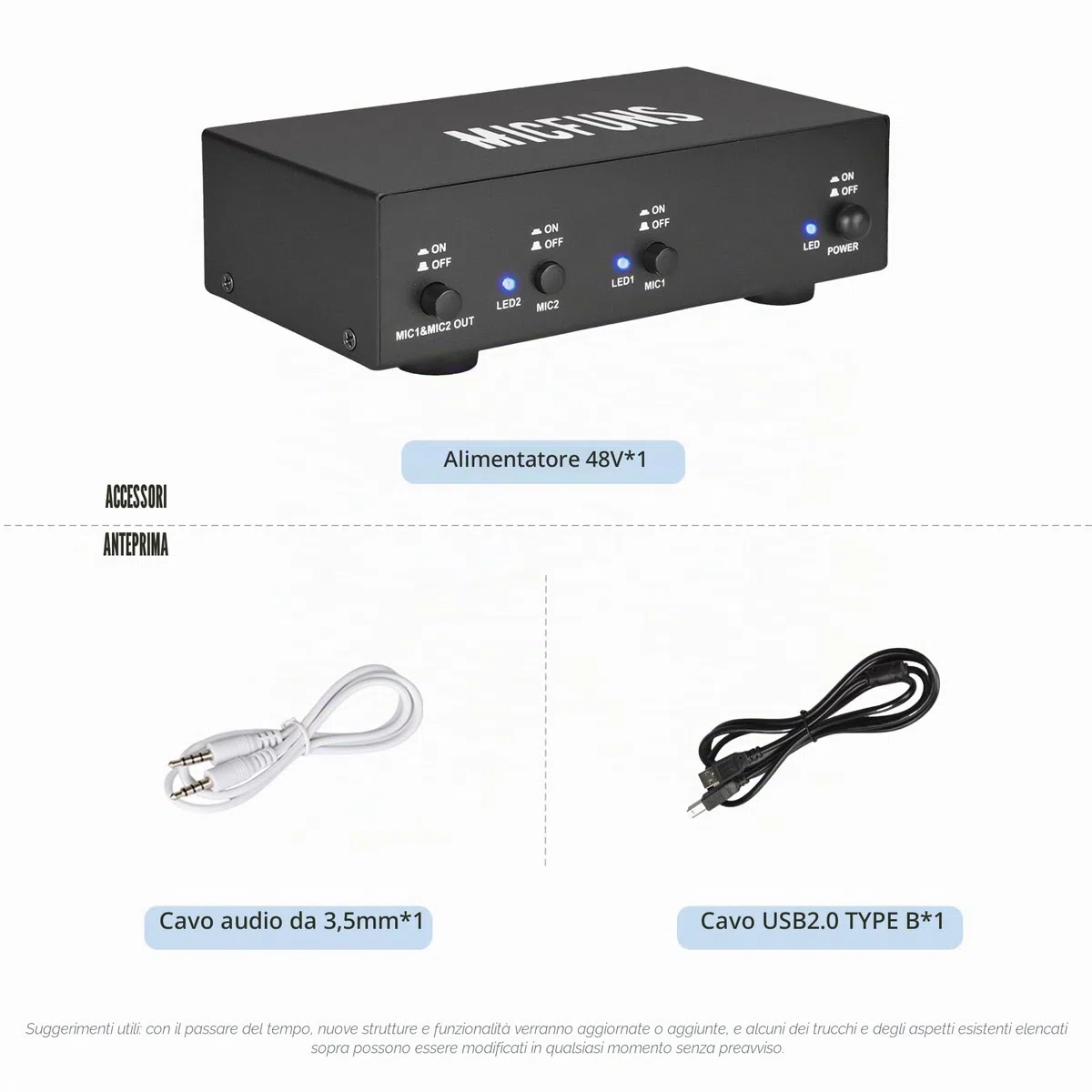 MC2 2 canali 48 V alimentazione phantom con cavo audio da 3,5 mm per il collegamento dell'interfaccia audio per microfono a condensatore, dispositivi di registrazione musicali (2 canali)