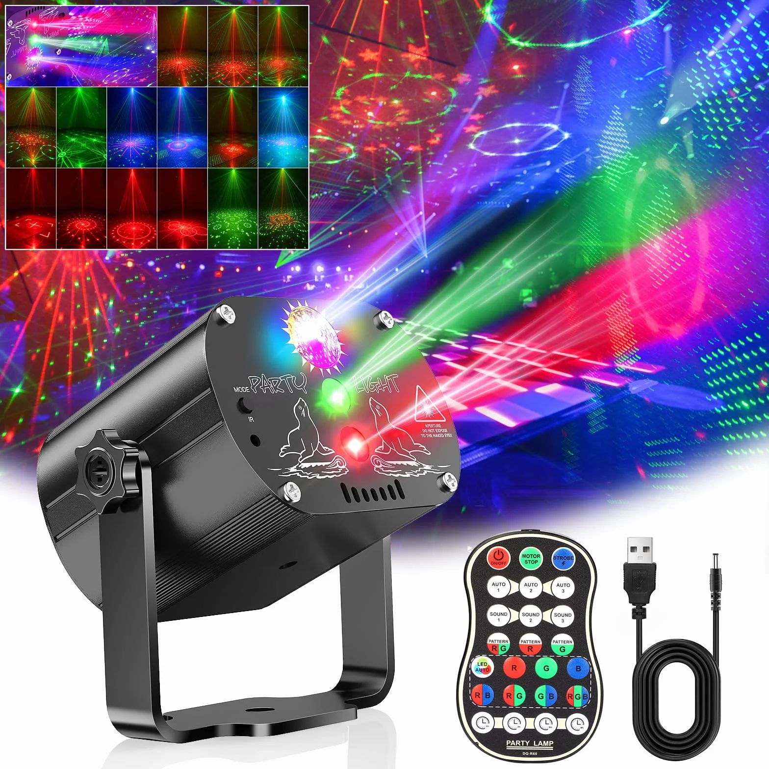 Sfera da discoteca, controllata dalla musica, luce da discoteca, 60 diversi motivi, effetto stroboscopico, luce per feste, con telecomando e USB 2 m, per famiglia, discoteche